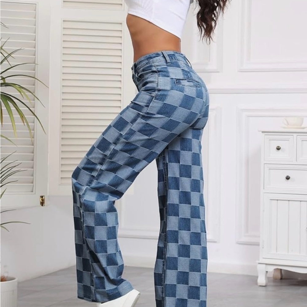 Checkered Blue Women's Jeans - Picture 4 of 5